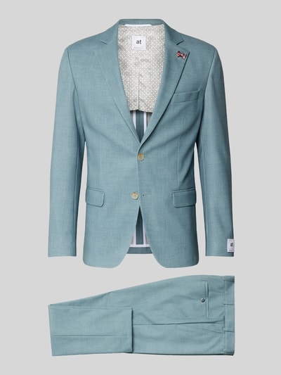 Produktfoto, Slim Fit Anzug mit 2-Knopf-Sakko von Wilvorst in Türkis, Material-Mix mit Baumwoll-Anteil, Reverskragen, Pattentaschen, Anzughose mit Bügelfalten, Bundweite 46 cm, Rückenlänge 72 cm, Schulterbreite 44 cm, Ärmellänge 63 cm, Innenbeinlänge 80 cm.