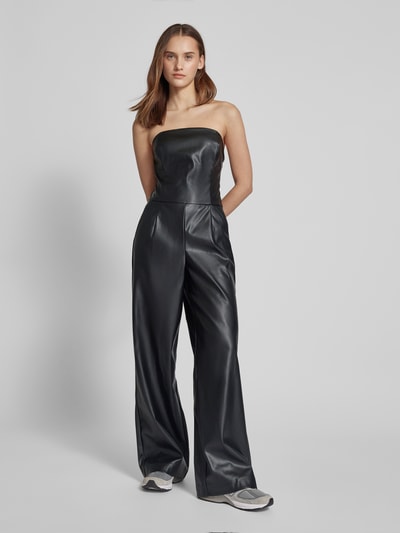 Only Regular fit jumpsuit in leerlook met wijde pijpen, model 'RIMA' Zwart - 4