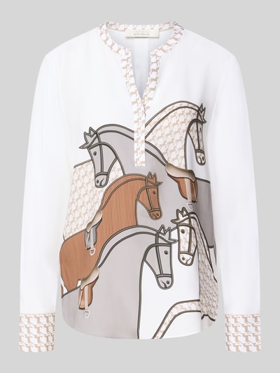 Produktfoto, Bluse aus Seide-Mix von HERZENS, Dames blouse van zijdemix, recht pasvorm, Tuniekkraag, borduursel, manchetten, wit met bruine en grijze paardenprint, ruglengte maat 36: 69 cm, mouwlengte maat 36: 65 cm.