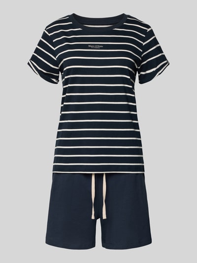 Produktfoto, Regular Fit Pyjama-Set aus reiner Baumwolle von Marc O'Polo in navy mit weißen Streifen, Kurzarm, Rundhals, Jersey, Tunnelzug, seitliche Taschen