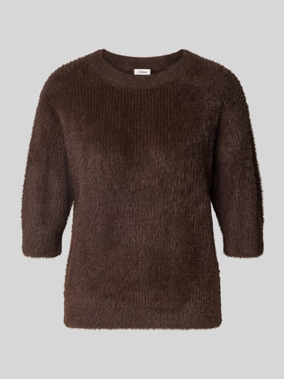 Produktfoto, Pullover mit halblangen Ärmeln von S.OLIVER CASUAL in brauner Strickoptik, unifarben, Crew Neck und halblange Ärmel, Rollsaum