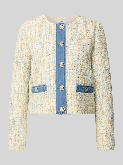 Produktfoto, Regular Fit Blazer in Bouclé-Optik von LIU JO in Creme mit blauen Details, Rundhalsausschnitt, Knopfleiste, Rückenlänge 50 cm, Brustweite 36 cm, Ärmellänge 61 cm.