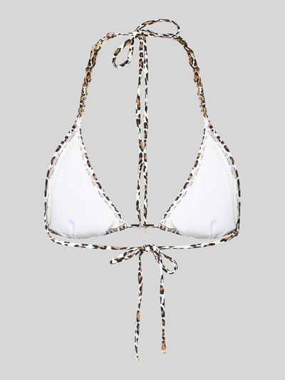 Produktfoto, Bikini-Oberteil mit Allover-Animal-Print von Michael Kors im Elastischer-Material-Mix mit Ketten-Optik und Neckholder, weiße Grundfarbe, texturiert durch Animal-Print.