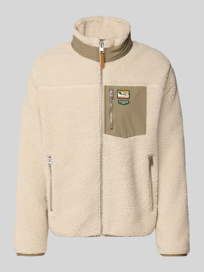 Produktfoto, Fleecejacke mit Label-Details Modell 'MOUNTAIN' von Superdry in Creme und Beige, Teddyfell-Struktur, Reißverschluss, Regular Fit