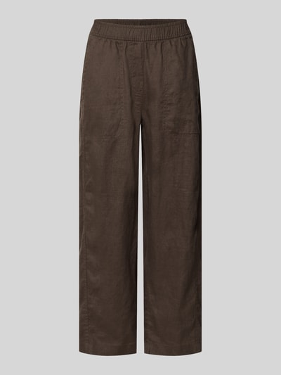Produktfoto, Leinenhose in verkürzter Passform Modell 'myha linen' von OPUS aus reinem Leinen, braun, glatte Textur, elastischer Bund, verkürzte Passform, Bundweite 41 cm, Innenbeinlänge 65 cm bei Größe 36.