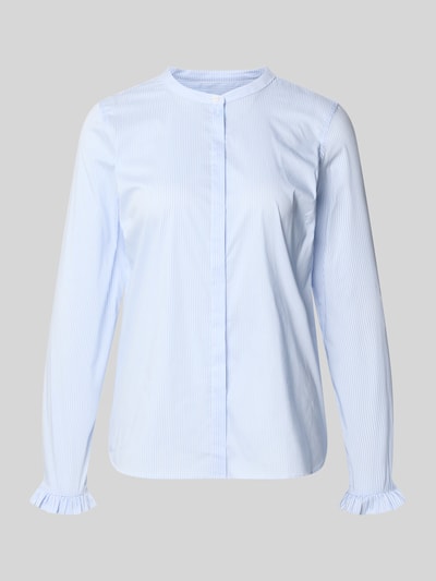 Produktfoto, Bluse mit Mao-Kragen und Rüschenärmeln Modell 'Mattie' von MOS MOSH, feine blaue Streifen, Baumwoll-Mix mit Stretch-Anteil, verdeckte Knopfleiste, Straight Fit, Damen Bluse