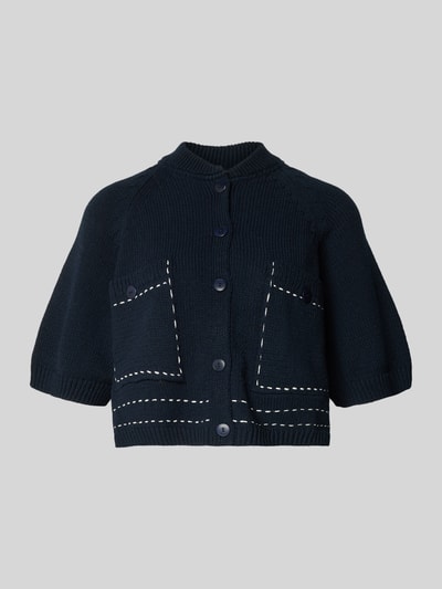 Produktfoto, Regular Fit Cardigan mit Viskose-Anteil von Stefanel in Dunkelblau, Strick-Optik mit Stehkragen, Halbarm, aufgesetzten Taschen, elastische Abschlüsse, durchgehende Knopfleiste, Baumwoll-Viskose-Mix, dezente Kontrastnähte.