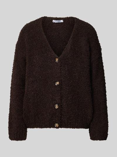 Produktfoto, Relaxed Fit Strickjacke aus Woll-Viskose-Mix Modell 'Sofia' von ZABAIONE in Dunkelbraun, grobe Textur, langärmlig, V-Ausschnitt, Knopfleiste