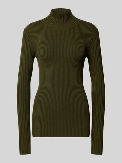 Produktfoto, Longsleeve aus Woll-Mix von Victoria Beckham in Olivegrün, eng anliegende Passform, Ripp-Strick-Optik, Stehkragen, Damenmode