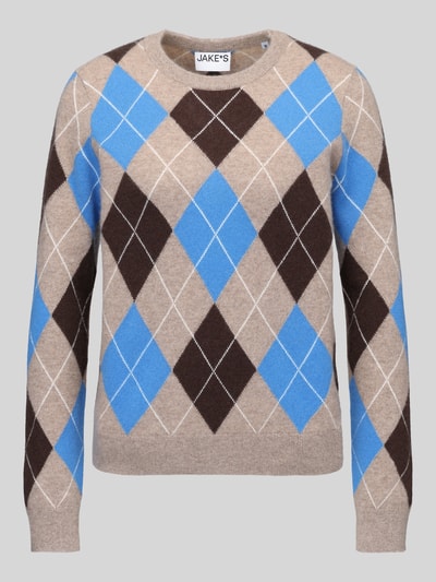Produktfoto, Regular Fit Pullover aus reinem Kaschmir von Jake*s Casual mit Rautenmuster in Beige, Braun und Blau, glatte Textur