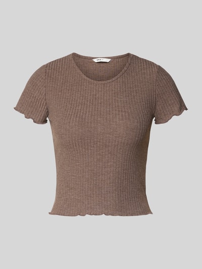 Produktfoto, Slim Fit T-Shirt mit Ripp-Struktur Modell 'EMMA' von ONLY, efekt: jednolity kolor, krój slim fit, okrągły dekolt, krótki rękaw, zakończenie z falbanką, wykończenie materiału: prążkowana faktura.