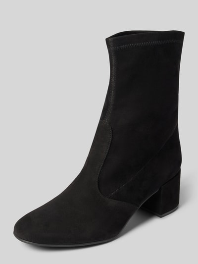 Produktfoto, Stiefeletten mit Blockabsatz von Högl in schwarzer Suede-Optik, glatte Sohle, abgerundete Passform, neutraler Hintergrund