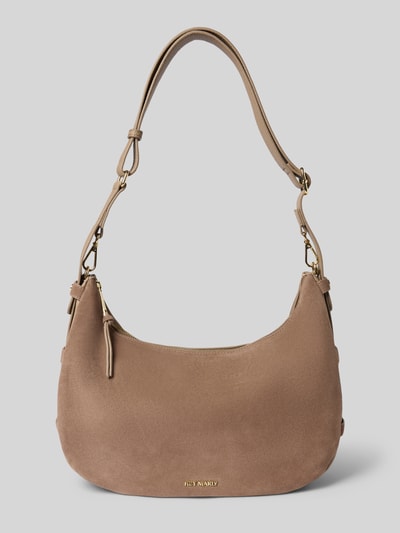 Produktfoto, Schultertasche aus echtem Kalbsleder Modell 'Lifetime Sister' von Hey Marly in Beige mit Logo-Detail, glatte Textur, goldene Metallteile, verstellbarer Schulterriemen, Reißverschluss, 32 x 29 x 12 cm, Damen Accessoire