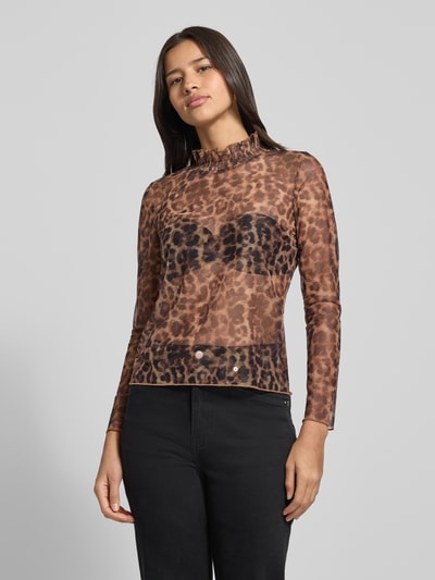 Oui Bluzka półprzezroczysta z długim rękawem i falbanami Camel 4