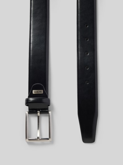 Produktfoto, Gürtel mit Label-Detail Modell 'LONDON' von Monti aus schwarzem Echtleder mit silberner Dornschließe, klassische Passform, glatte Oberfläche, Breite 3 cm bei Größe 110