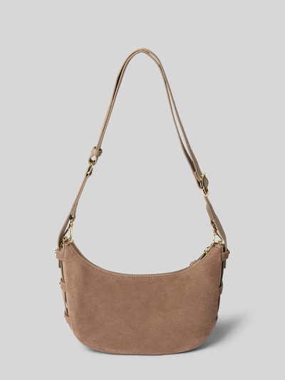 Produktfoto, Shoulder Bag aus echtem Kalbsleder Modell 'Lifetime Sister' von Hey Marly in Beige mit goldfarbenen Details und Logo, fein genarbte Textur, Hauptfach mit Reißverschluss, abnehmbarer Schulterriemen, Maße: 26x18x7 cm, Länge Schulterriemen 88 cm