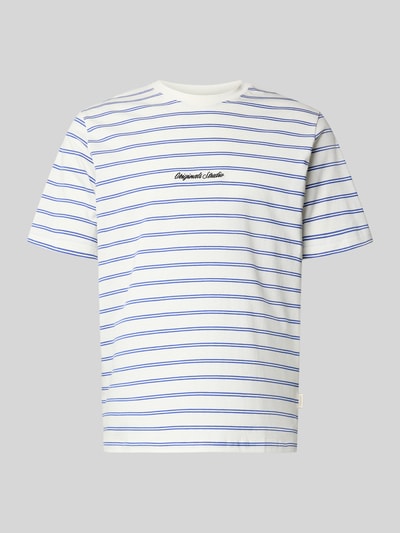 Produktfoto, T-Shirt mit Streifenmuster und Label-Stitching von Jack & Jones aus Reine Baumwolle, Relaxed-Fit, weiß-blau, Rundhalsausschnitt, Rückenlänge bei Größe M 72 cm.