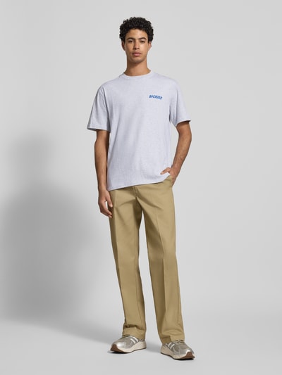 Männermodel trägt Regular Fit T-Shirt mit Motiv-Print Modell 'DRY RIDGE' von Dickies aus reiner Baumwolle, Rundhalsausschnitt, Ganzkörperansicht von vorne.