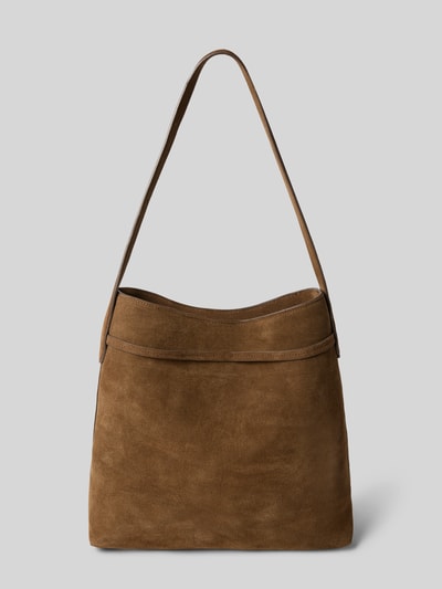 Produktfoto, Bucket Bag mit Tragehenkel von Mango aus braunem Rindsleder, Magnetverschluss, Innenfach mit Reißverschluss, Maße 30x32x13 cm, Schulterriemen 78 cm.