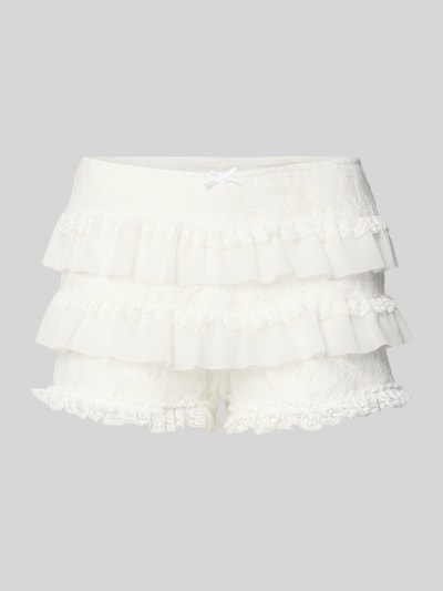 Produktfoto, Shorts mit Spitze und elastischem Bund od Another Cotton Lab, mieszanka materiałów z dodatkiem streczu, krój straight fit, elastyczny pas z kokardą, falbany, koronka, szerokość w rozmiarze S: 32 cm, długość wewnętrzna nogawki w rozmiarze S: 6 cm