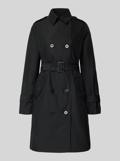 Produktfoto, Regular Fit Trenchcoat aus Baumwoll-Mix von s.Oliver RED LABEL in Schwarz, doppelreihige Knopfleiste, Umlegekragen, Gürtelschlaufen, lange Ärmel, Köperstruktur, unifarben, Applikation am Ärmel, seitliche Pattentaschen.