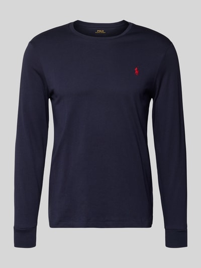 Produktfoto, granatowa bluzka z długim rękawem Custom Slim Fit Longsleeve mit Label-Stitching von Polo Ralph Lauren z bawełny, okrągły dekolt, długość tyłu 70 cm w rozmiarze M