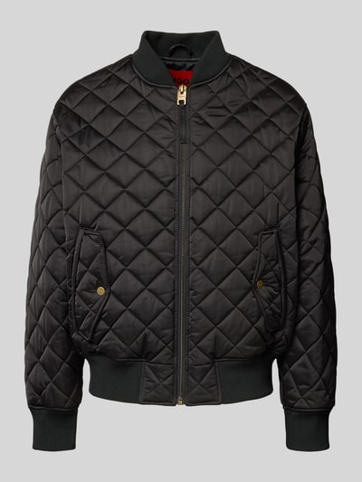 Produktfoto, Regular Fit Steppjacke mit Stehkragen Modell 'BICOL2541' von HUGO, schwarze Satinoptik, Rautensteppung, Reißverschluss, Logo-Detail, gerippte Abschlüsse, seitliche Taschen, wasserabweisend