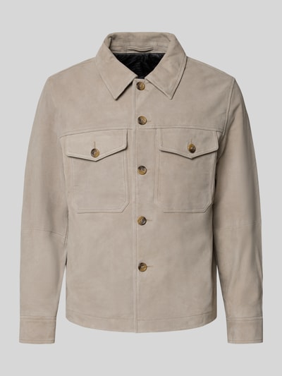Produktfoto, Regular Fit Lederjacke aus echtem Ziegenvelours Modell 'THOM' von SELECTED HOMME, Optik: Unifarben, Knopfleiste, Umlegekragen, langarm, beige, samtige Textur