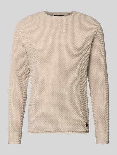 Produktfoto, gebreide pullover met structuurpatroon in crème, recht model, puur katoen, ronde hals, labelpatch, Model 'BLUMASON' van JACK & JONES premium, ruglengte maat M 68 cm, mouwlengte maat M 66 cm