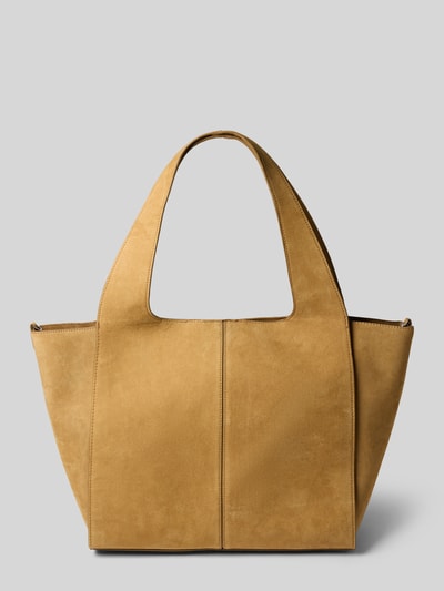 Produktfoto, Tote Bag aus Leder-Mix Modell 'Ramona' von MANGO, sandfarbene Oberfläche, klare Linien, feine Textur, Magnetverschluss, Schulterriemen, Maße: 54x33x14 cm, Riemenlänge 62 cm