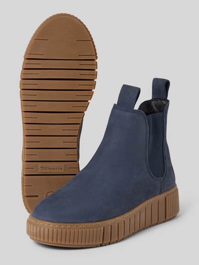 Produktfoto, Chelsea Boots aus echtem Rindsleder von Tamaris in dunkelblau, unifarben, runde Spitze, Logo-Detail, Profilsohle, genarbtes Leder
