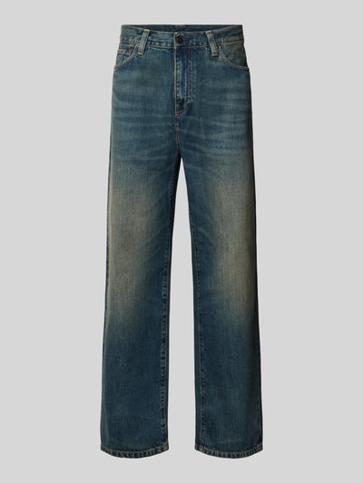 Produktfoto, Straight Fit Jeans aus reiner Baumwolle Modell 'Aaron' von Carhartt Work In Progress in Blau mit 5-Pocket-Design, Knopf- und Reißverschluss, dezente Used-Effekte, für Herren.