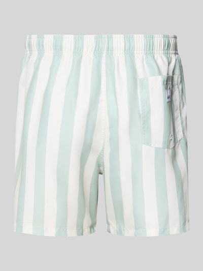 Produktfoto, Badehose im Allover-Look Modell 'Fistral Stripe' von BOARDIES, mintgrün-weiße Streifen, elastischer Bund, Kordelzug, Regular Fit