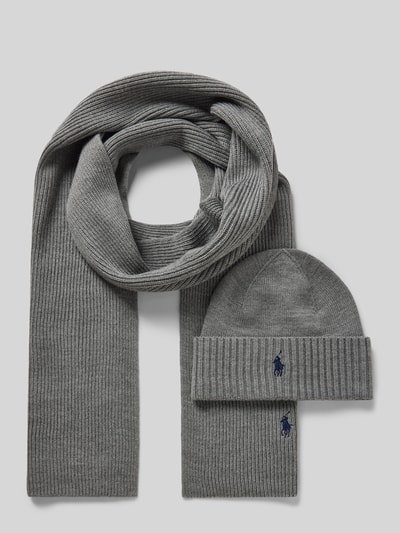 Produktfoto, Schal und Mütze aus Wolle im Set mit Geschenkbox von Polo Ralph Lauren, szary, faktura prążkowana, model 'COLD WEATHER', Szerokość w rozmiarze 1: 27 cm, długość 193 cm, label-stitching