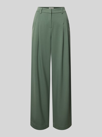 Productfoto, Wide Leg Pants met biezen model 'Henrika' van MSCH Copenhagen, groene wide leg broek, materiaalmix met viscose, uitlopend model, haakjes- en ritssluiting, steekzakken, strookzakken aan de achterkant, bandwijdte maat S 37 cm, binnenbeenlengte maat S 80 cm.