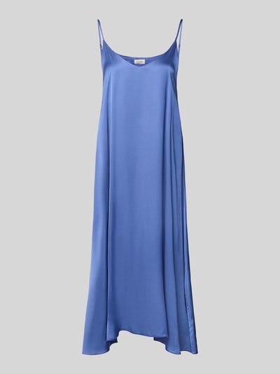 Productfoto, knielang dames jurk van American Vintage, zuiver viscose, A-lijn, V-hals, spaghettibandjes, gladde blauwe stof