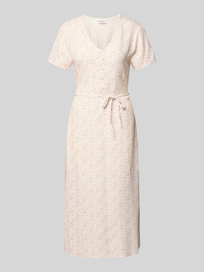 Produktfoto, A-Linien Midikleid aus reiner Viskose Modell 'BARRI' von Pieces mit Optik:Allover-Muster, Midi-Länge, Rundhals, Knopf-Verschluss, ohne Ärmel, geradem Saum, Material: reine Viskose in zarten Creme- und Rosétönen, glatte Textur.
