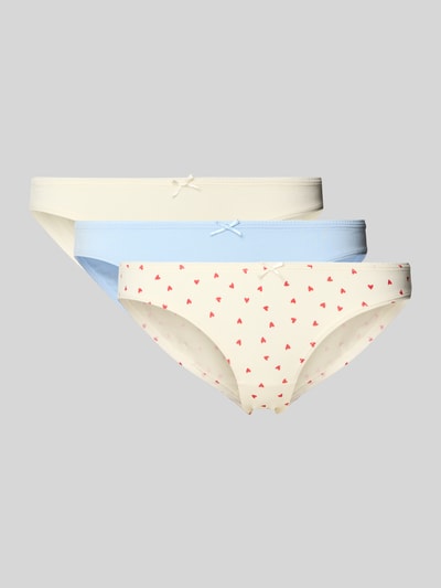 Produktfoto, Slip mit Schleifen-Applikation von Jake*s Casual aus Baumwoll-Elasthan-Mix, pastellfarbene Töne, feine Textur, körpernahe Passform, elastischer Bund, ein Slip mit Herzmuster, zwei unifarben.