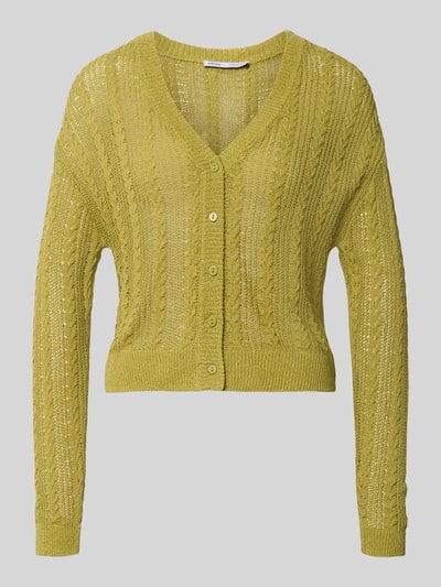 Produktfoto, Strickjacke mit V-Ausschnitt Modell 'ROSI' von Mango aus Baumwoll-Mix mit Viskose-Anteil, Regular-Fit, Knopfleiste, gelbe Struktur.