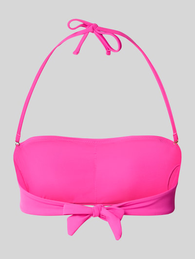 Produktfoto, Slim Fit Bikini-Oberteil in Bandeau-Optik Modell 'Violet' von Guess, elastyczna mieszanka materiałów, krój slim fit, styl bandażowy, detal z logo, obszycie z kamieni stras, intensywny różowy kolor, gładka faktura