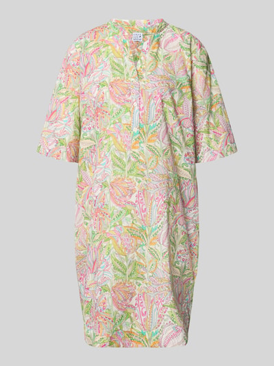 Produktfoto, Knielanges Kleid im Allover-Look mit V-Ausschnitt von Emily Van den Bergh aus Reine Baumwolle, Gerader-Schnitt, bunte Farben und florale Muster, 1/2-Arm, Knielänge, strukturierte Oberfläche.