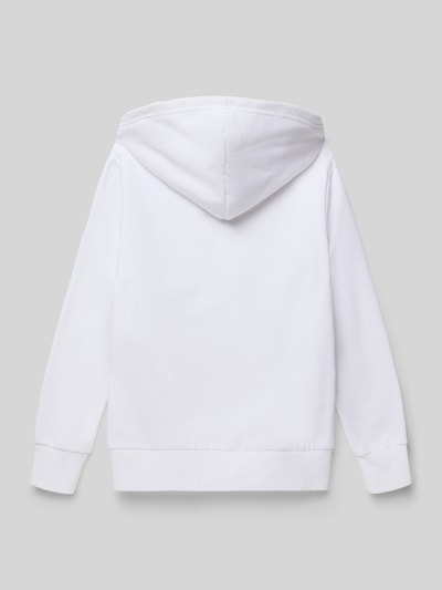 Produktfoto, weißer Hoodie mit Label-Stitchings und Känguru-Tasche von CHAMPION, Kinder Regular Fit aus Baumwoll-Mix, glatte Textur