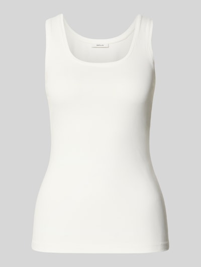 Produktfoto, wit tanktop uit mix van katoen en elastaan, getailleerd model, ronde hals, Model Daily E van OPUS, ruglengte maat 36: 54 cm