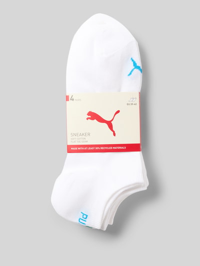 Produktfoto, Sneakersocken im 4er-Pack mit gerippten Bündchen von PUMA, weiß mit Logo, Damen, Baumwoll-Mix, Verpackung sichtbar