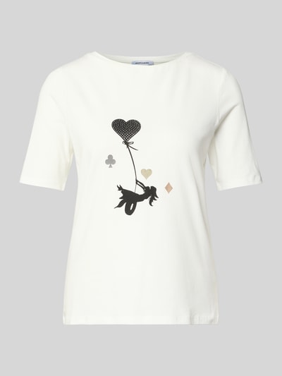 Produktfoto, T-Shirt mit Motiv-Print von More & More in Weiß, Regular-Fit, Baumwoll-Modal-Mix mit Stretch-Anteil, gerippter Rundhalsausschnitt, Motiv-Print, Rückenlänge 56 cm bei Größe 36, Damen T-Shirt