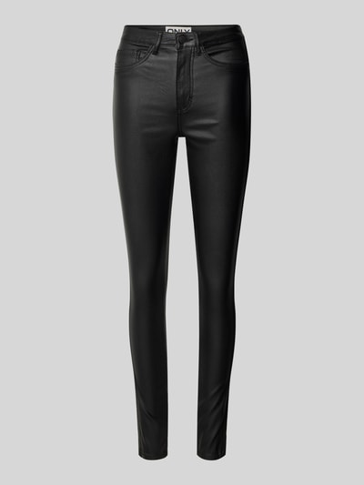 Produktfoto, Skinny Fit Jeans aus Viskose-Mix Modell 'ROYAL' von ONLY, czarne powlekane jeansy z 5 kieszeniami, wysoki stan, naszywka z logo, długość wewnętrzna nogawki 74 cm, szerokość w pasie 68 cm, mieszanka wiskozy