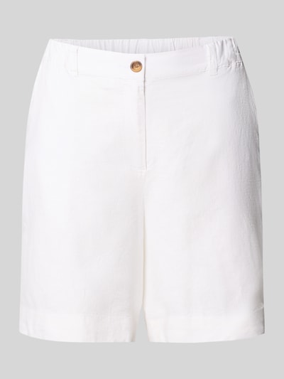 Produktfoto, weiße Regular Fit Bermudas aus Leinen-Viskose-Mix Modell 'Ina' von Soyaconcept mit Knopfverschluss und Eingrifftaschen, glatte Textur, Kontext: Damen Bermudas von Soyaconcept, Bundweite bei Größe S 36 cm, Innenbeinlänge 16 cm.