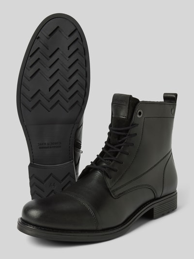 Jack & Jones Veterboots van leer met siernaden, model 'SHAUN' Zwart - 4