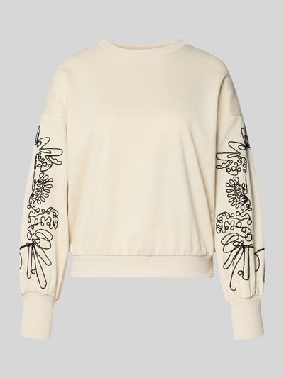 Produktfoto, Relaxed Fit Sweatshirt aus Baumwoll-Mix Modell 'BROOKE' von ONLY w kolorze kremowym z czarnym haftem na rękawach, damska bluza, struktura gładka