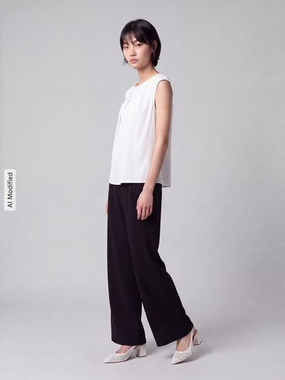 Frauenmodel trägt Blusenshirt mit gelegten Falten von Christian Berg Woman Selection, gerader Schnitt, Rundhalsausschnitt, Material-Mix mit Stretch-Anteil, weiße und schwarze Farbtöne, Ganzkörperansicht von vorne, KI-modifiziertes Bild.